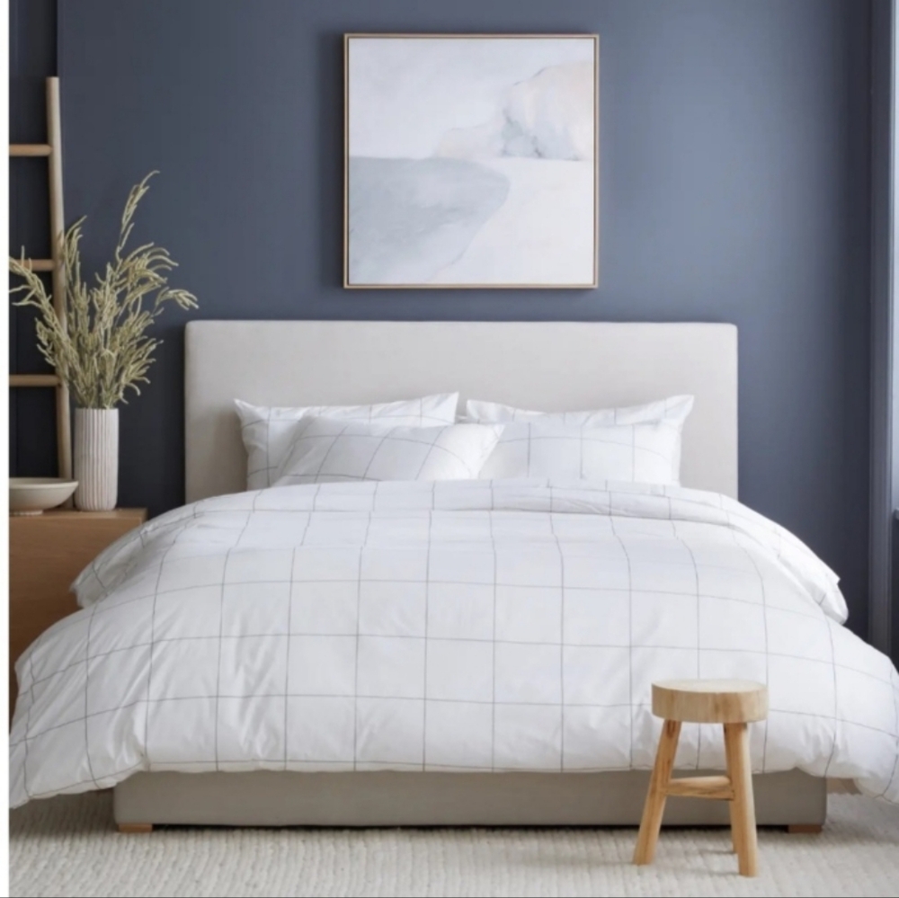 Classic Organic Cotton Percale Duvet Cover + 2 Shams TWIN Bedding Set Windowpane - Picture 5 of 10